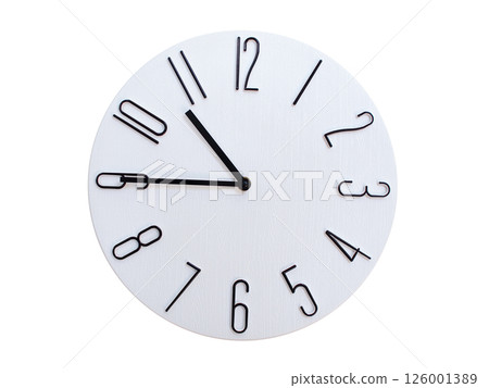 Minimalist Round Wall Clock Showing 10:45 or 22:45. Thin Black Numerals on White Wood Background. Minimalist Round Wall Clock Showing 10:45 or 22:45. Thin Black Numerals on White Wood Background. 126001389