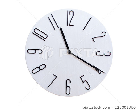 Minimalist Round Wall Clock Showing 11:20 or 23:20. Thin Black Numerals on White Wood Background. 126001396