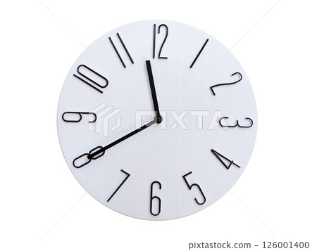 Minimalist Round Wall Clock Showing 11:40 or 23:40. Thin Black Numerals on White Wood Background. 126001400