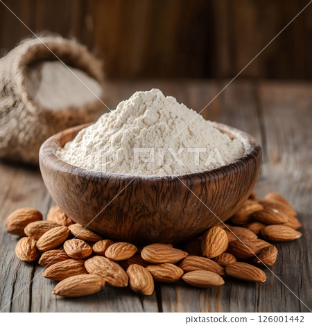 Almonds powder with almonds nuts on wooden backgrounds 126001442