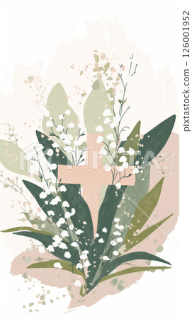 Chrismation symbol with lily of the valley and wooden cross, religious concept Chrismation symbol with lily of the valley and wooden cross, religious concept 126001952