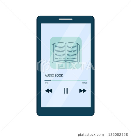 Audiobook concept. Smartphone with an application for listening to audiobook on the screen. Isolated vector illustration in flat cartoon style. Audiobook concept. Smartphone with an application for listening to audiobook on the screen. Isolated vector illustration in flat cartoon style. 126002338