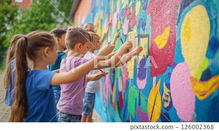 Group of diverse children collaboratively painting a vibrant mural on a wall, showcasing creativity, teamwork, and artistic expression in outdoor setting 126002368
