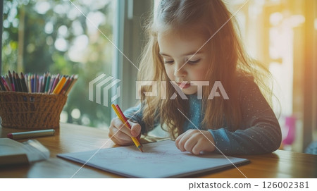 Young girl with long hair drawing with colored pencils at a wooden table near a sunlit window, surrounded by art supplies in a cozy home setting 126002381