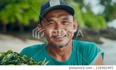 A smiling man holding a bunch of seaweed, capturing the joy of coastal life and sustainable harvesting 126002405