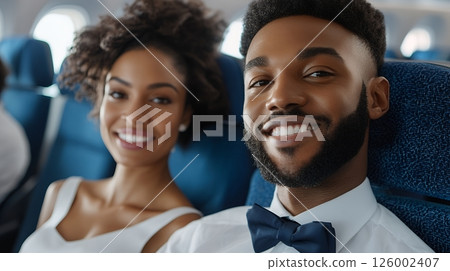 A smiling couple enjoying their flight, seated together in an airplane, capturing moments of travel and companionship 126002407
