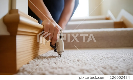 A hand skillfully installs carpet on stairs, ensuring a snug and secure fit with a staple gun A hand skillfully installs carpet on stairs, ensuring a snug and secure fit with a staple gun 126002424