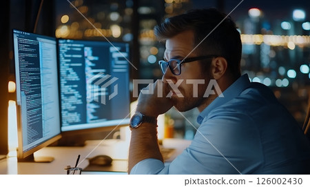 A focused programmer coding on dual screens in a dimly lit office, immersed in night work 126002430