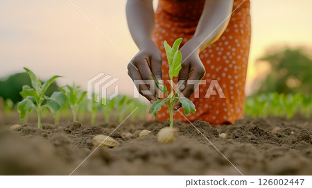 Hands gently planting a seedling in fertile soil as the sun sets, symbolizing growth 126002447