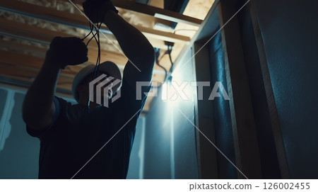Electrician in a dimly lit space wiring a ceiling, demonstrating focus and technical expertise 126002455