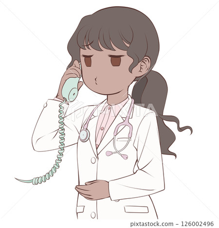 A dark-skinned female doctor talking on the phone, pouting A dark-skinned female doctor talking on the phone, pouting 126002496