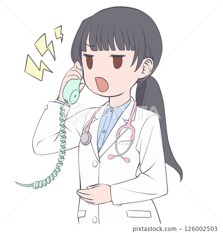A black-haired female doctor talking on the phone, getting angry A black-haired female doctor talking on the phone, getting angry 126002503