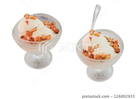 Traditional Thai Coconut Ice Cream with Roasted Peanuts. Isolated on White Traditional Thai Coconut Ice Cream with Roasted Peanuts. Isolated on White 126002933