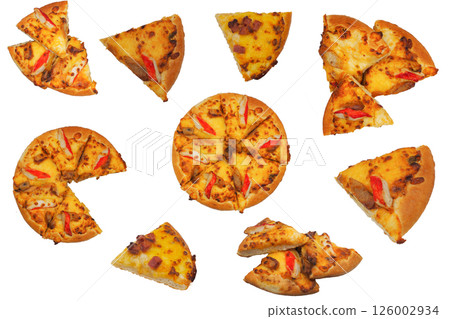 A collection of whole cheese pizzas and individual pizza slices with toppings such as sausage, red bell pepper, and bacon. 126002934