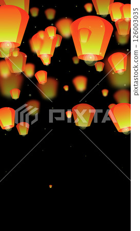 Chiang Mai celebration of Loy Krathong. Thailand holiday with paper lantern lights flying in the night sky. Chiang Mai cultural tradition. Vector illustration on black background. Chiang Mai celebration of Loy Krathong. Thailand holiday with paper lantern lights flying in the night sky. Chiang Mai cultural tradition. Vector illustration on black background. 126003035