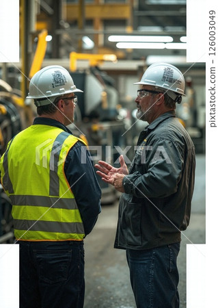 Industrial safety discussion: engineers collaborating in manufacturing plant for optimal workplace safety 126003049