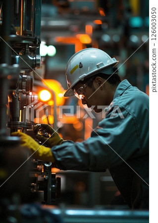 Industrial safety excellence: male engineer in hard hat analyzing complex machinery within dimly lit manufacturing facility Industrial safety excellence: male engineer in hard hat analyzing complex machinery within dimly lit manufacturing facility 126003050