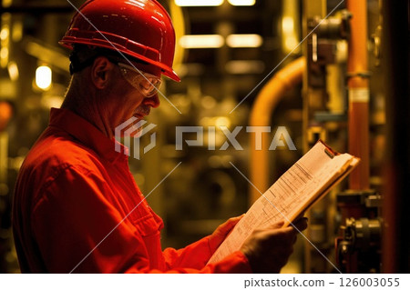 Industrial safety inspection in dimly lit facility - worker in red gear conducting equipment check 126003055