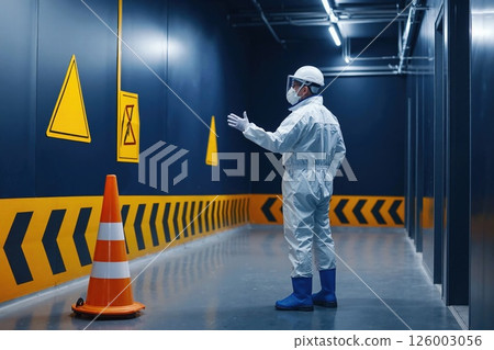 Industrial safety inspection in modern facility with caution signs and protective gear 126003056