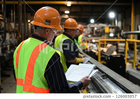 Industrial safety inspection team working in manufacturing facility with reflective gear and helmets 126003057