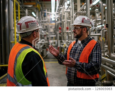 Industrial safety protocol discussion in modern manufacturing facility with engineers 126003063