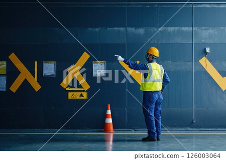 Industrial safety protocol: construction worker inspecting site with protective gear in urban environment Industrial safety protocol: construction worker inspecting site with protective gear in urban environment 126003064