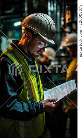 Industrial safety worker reading manual in factory under dim lighting for risk management and compliance Industrial safety worker reading manual in factory under dim lighting for risk management and compliance 126003075