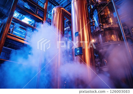 Industrial steam technology scene with copper pipes and blue lighting - innovative engineering design Industrial steam technology scene with copper pipes and blue lighting - innovative engineering design 126003083