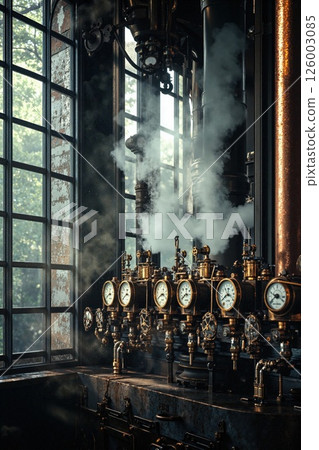 Industrial steampunk workshop interior with vintage steam valves and sunlit windows for historical design concepts 126003085