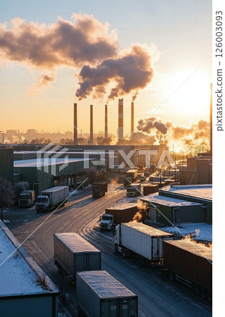 Industrial sunrise: trucking hub amid morning smoke with winter skyline and cityscape dynamics Industrial sunrise: trucking hub amid morning smoke with winter skyline and cityscape dynamics 126003093