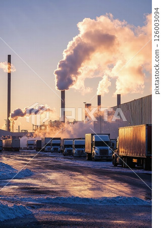 Industrial sunrise: trucks and steam against a winter dawn 126003094