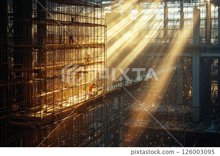 Industrial sunrise: workers on scaffolding in sunlit factory with glowing dust particles 126003095