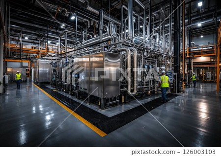 Modern industrial facility with complex pipe system in action for energy production efficiency Modern industrial facility with complex pipe system in action for energy production efficiency 126003103