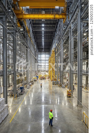 Modern industrial warehouse interior with high ceilings and advanced machinery Modern industrial warehouse interior with high ceilings and advanced machinery 126003105