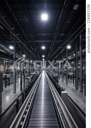 Modern industrial warehouse with automated conveyor system in high-tech facility for efficient logistics and manufacturing operations Modern industrial warehouse with automated conveyor system in high-tech facility for efficient logistics and manufacturing operations 126003106