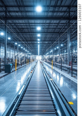 Modern industrial warehouse: automated conveyor system in large-scale logistics hub with futuristic lighting design 126003107