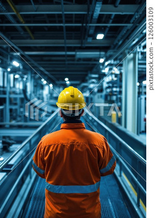 Modern industrial worker in high-tech factory at night safety and innovation in manufacturing and engineering 126003109