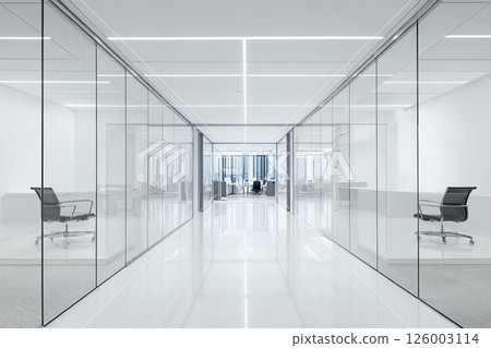 Modern minimalist office design with sleek glass walls and contemporary furniture 126003114