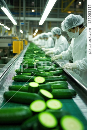 Modern organic food production line with workers sorting fresh zucchinis in a high-tech agricultural facility 126003115