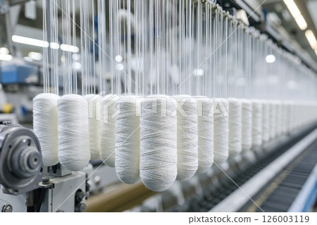 Modern textile industry scene capturing white yarn spools in high-tech environment Modern textile industry scene capturing white yarn spools in high-tech environment 126003119