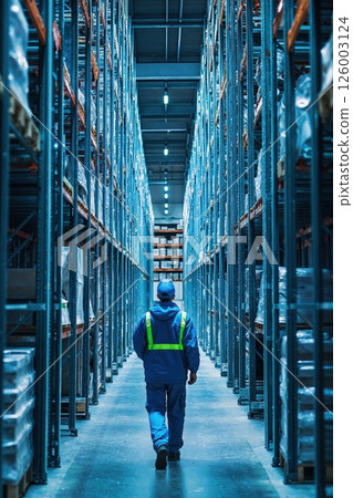 Modern warehouse logistics: worker in blue uniform navigating high-tech storage facility for efficient inventory management Modern warehouse logistics: worker in blue uniform navigating high-tech storage facility for efficient inventory management 126003124