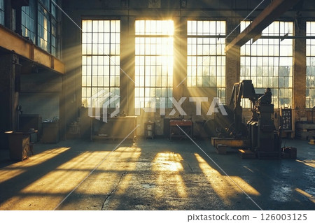 Morning sunlight streaming through industrial windows in a vintage factory 126003125