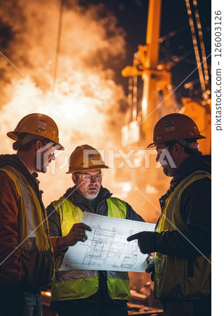 Nighttime construction planning with engineers analyzing blueprints amidst industrial machinery and dramatic lighting Nighttime construction planning with engineers analyzing blueprints amidst industrial machinery and dramatic lighting 126003126