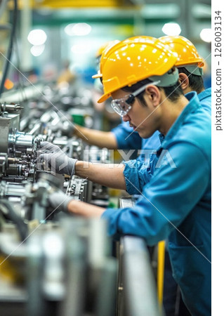 Precision engineering teamwork in modern factory setting for industrial innovation and efficiency Precision engineering teamwork in modern factory setting for industrial innovation and efficiency 126003134