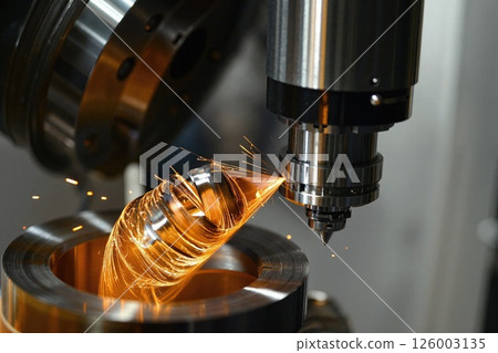 Precision engineering: dynamic cnc machining with bright sparks and metallic textures for industrial design 126003135