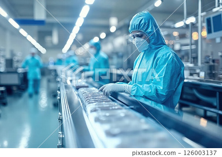 Precision manufacturing workers in sterile uniforms on pharmaceutical production line 126003137