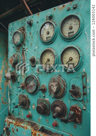 Retro industrial control panel with analog instruments for vintage design and engineering projects 126003142