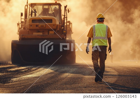 Road construction worker in safety gear walking towards heavy machinery amidst dusty sunset 126003143