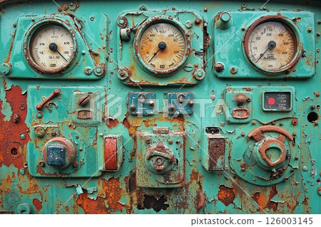 Rustic industrial control panel art with vintage gauges and textured patina for steampunk design inspiration 126003145