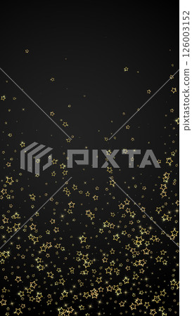Gold sparkling star confetti. Chaotic dreamy childish overlay template. Festive stars vector illustration on black background. 126003152